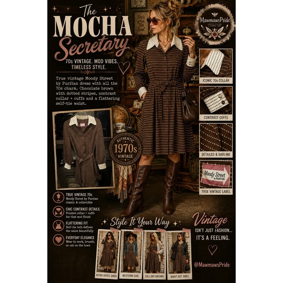 Vintage Dresses & Skirts - Vintage 70s Moody Street by Puritan Brown Dotted Mod Secretary Dress Belted